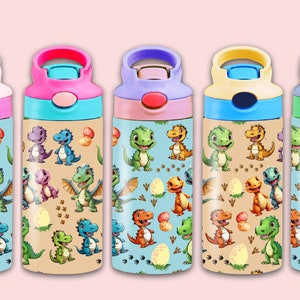 Vaso con tapa abatible de dinosaurio para niños de 350 ml, vaso recto de 350 ml, sublimación PNG, diseño de dinosaurio de dibujos animados para niños, PNG