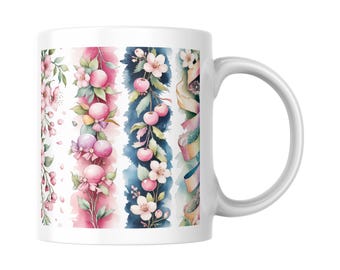 Watercolor Cherry Blossom Mug Wrap: Coquette Pastel PNG Bundle (Digital Download)
