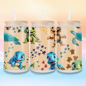 Cute Turtles 16 oz Libbey Glass Wrap PNG, Sublimation Seamless Digital Design, Instant Download, 3 Different Background Files, UVDTF 16 oz