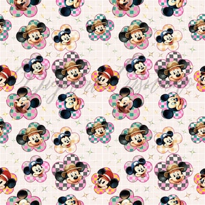 Patrón sin costuras de ratón y flores PNG, Mickey floral PNG descarga instantánea, regalo imprimible y de sublimación para niños, ratón de dibujos animados PNG