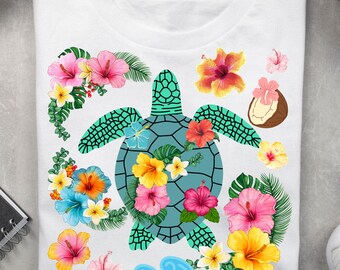 Tortuga marina floral bohemia PNG: Diseño tropical de sublimación (descarga digital)