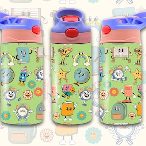 May include: Three stainless steel water bottles with a green background and colourful cartoon characters. The characters include a clock, a book, a spray can, a globe, a rainbow, a star, a backpack, a pizza slice, and a Rubik's cube. The bottles have a pink lid with a blue handle.