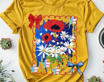 Coquette Floral Patriotic Flag PNG: Doodle Poppy Frame (Digital Download)