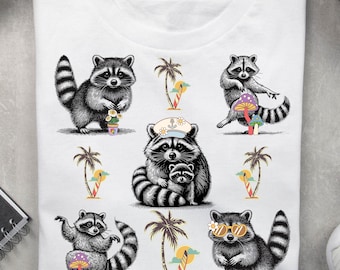 Mapache retro de verano PNG: Ambiente playero coqueto (Descarga digital)