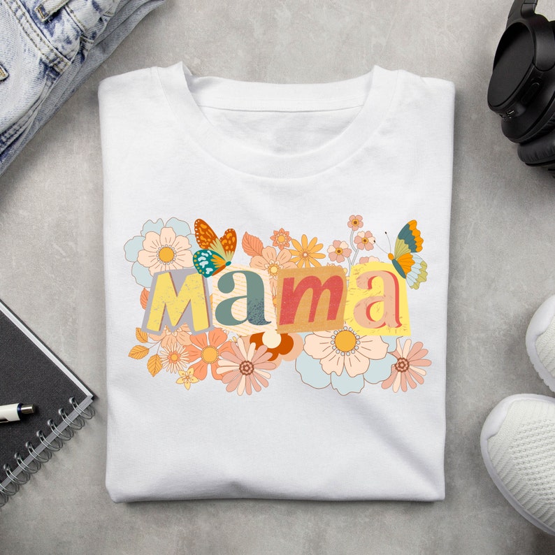 Retro Floral Mama T-Shirt PNG: Collage Sublimation Design (Digital Download 2500x2500px 300 DPI) image 1