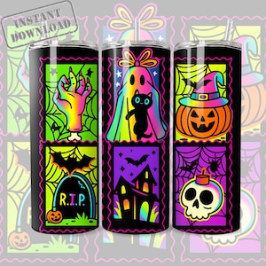 Envoltura de vaso neón de Halloween: Sellos espeluznantes PNG (Descarga digital, diseño de vaso delgado de 20 oz)