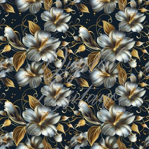 May include: A seamless pattern featuring silver and gold hibiscus flowers on a dark blue background. The flowers are detailed with intricate gold veins and have a metallic sheen.