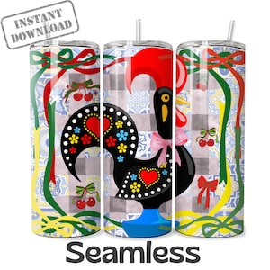 May include: Three stainless steel tumblers with a rooster design. The rooster is black with red, yellow, and blue accents, a pink bow tie, and a red comb. The background has a checkered pattern and a ribbon design. The text "Seamless" is at the bottom.