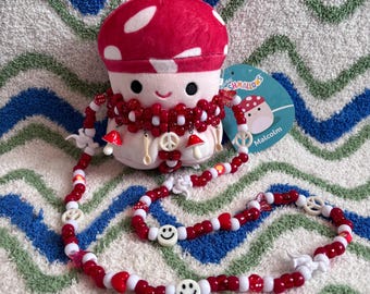5” Red Mushroom Squishmallow with Kandi Harness Necklace