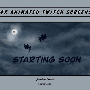 4x Animierte Twitch Stream Screens für Twitch Streamer | Midnight Dragon Overlay | Beginn demnächst, brb, Stream endet, derzeit nicht verfügbar