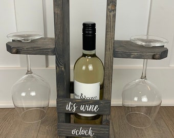 Wood Wine Bottle Wine Glass Carrier / wine tote / wine o clock / wine glass holder / wine gift