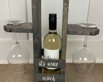 SALE!  Wood Wine Bottle Wine Glass Carrier / wine tote / wine o clock / wine glass holder / wine gift