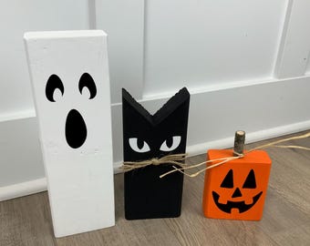 Wooden Cat Ghost Pumpkin Set / Halloween Decor / Wood Halloween Decor
