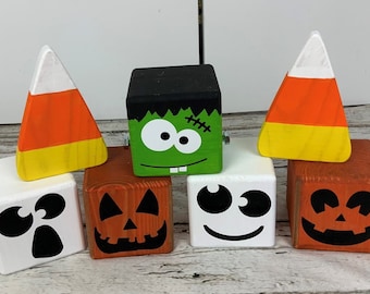 Halloween wood blocks / pumpkin / ghost / Frankenstein / fall decor / Halloween / tiered tray