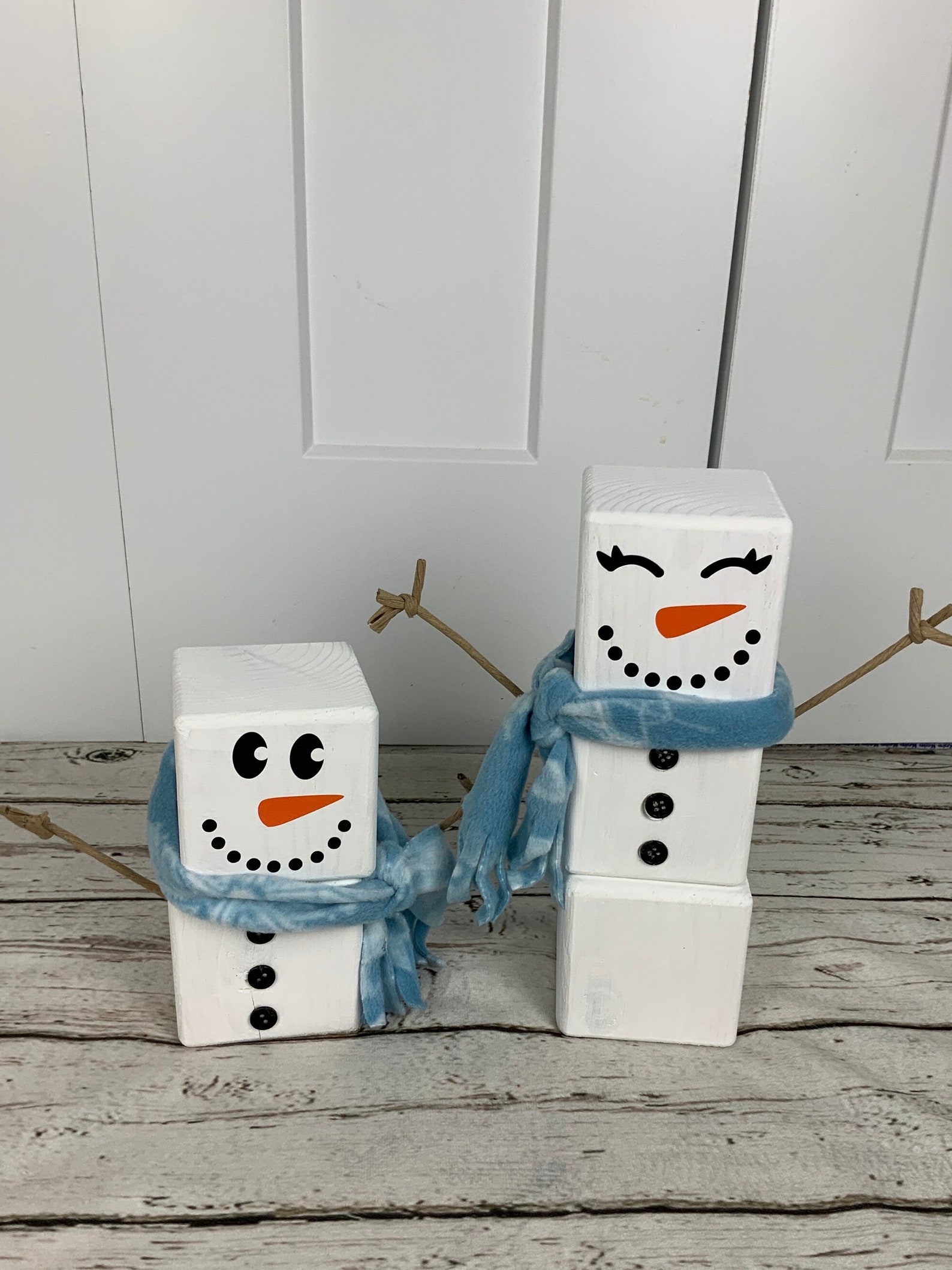 Wood Block Snowman / Snowman Family / Christmas Decor / Blue Scarf ...