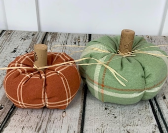 Plush Fabric Pumpkin Set / Plaid Soft Pumpkin / Fall Decor / Orange Green Pumpkin / Thanksgiving Decor