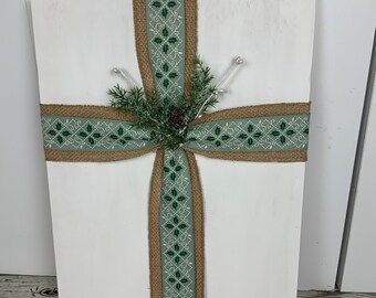 Wood Fabric Cross / Christmas Decor / christian decor / white green
