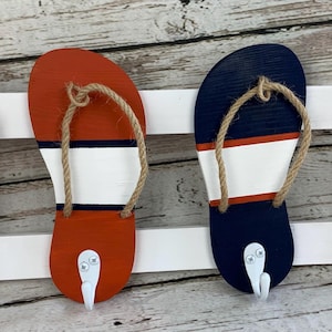 Flip Flop Beach Towel Rack / beachy towel hangar / nautical / navy blue rust orange stripe