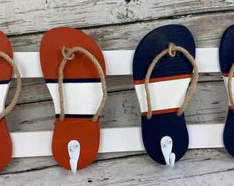 Flip Flop Beach Towel Rack / beachy towel hangar / nautical / navy blue rust orange stripe