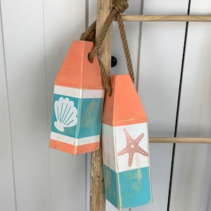 Wood painted lobster buoys / seashell / starfish / blue and peach / coastal decor / tropical luxury / beach decor / island decor