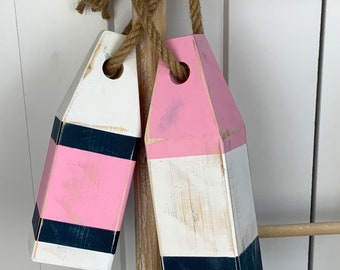 Wood painted lobster buoys / navy blue and pink / coastal decor / nautical / beach decor