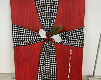 Wood Fabric Cross / Christmas Decor / christian decor / red black houndstooth
