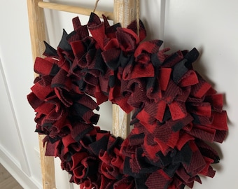 Red black Buffalo check plaid fabric rag wreath / Christmas wreath / rustic wreath