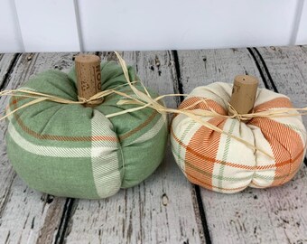 Plush Fabric Pumpkin Set / Plaid Soft Pumpkin / Fall Decor / Orange Green Pumpkin / Thanksgiving Decor
