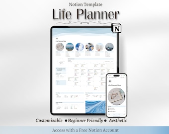 May include: A screenshot of a Notion template for a life planner. The template is customizable, beginner-friendly, and aesthetic. The template is shown on a tablet and a smartphone. The template includes a calendar, to-do lists, and other features. The text "Life Planner Blue" is visible on the template.