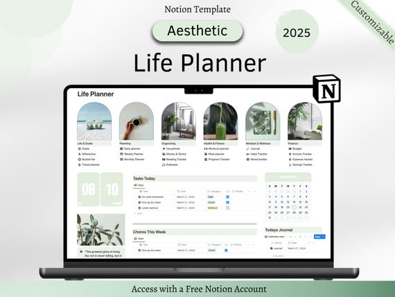 Ultimate Notion Planner, Notion Template, Notion Planner, Notion Life Planner, Notion Template Adhd, Aesthetic All In On Notion planner