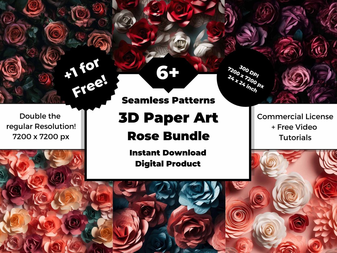 6 1 Free 3D Paper Art Rose Bundle Seamless Repeating Etsy