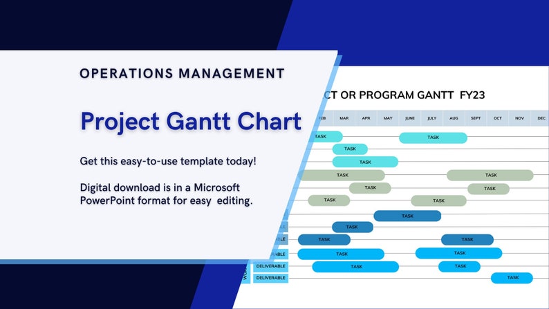 May include: A blue and green project management Gantt chart template for Microsoft PowerPoint. The chart includes tasks, deadlines, and deliverables. The text "Project Gantt Chart" is at the top of the chart. The text "Get this easy-to-use template today!" is below the chart. The text "Digital download is in a Microsoft PowerPoint format for easy editing." is below the previous text.