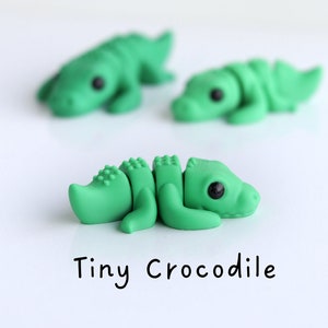 May include: Three small green crocodile figurines made of polymer clay. The crocodiles are posed in a variety of positions, with their eyes closed and their mouths slightly open. The text "Tiny Crocodile" is written below the figurines.