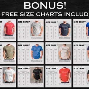 May include: Twelve size charts for t-shirts in various colors, including red, grey, black, blue, green, and white. Each chart shows measurements in inches for width and length, with sizes ranging from XS to 3XL. The charts also include a model wearing a t-shirt and a note that the model is 6'1" tall and wears a large for a slim fitting look.
