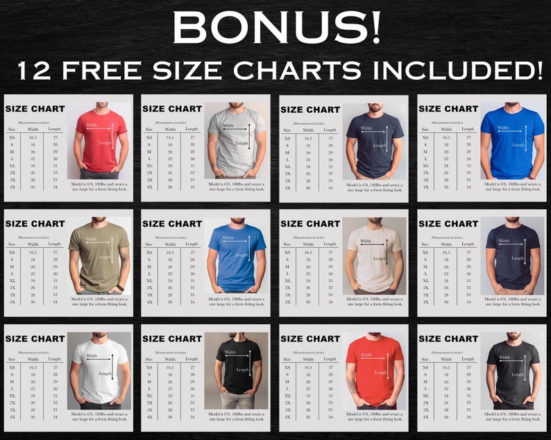 May include: Twelve size charts for t-shirts in various colors, including red, grey, black, blue, green, and white. Each chart shows measurements in inches for width and length, with sizes ranging from XS to 3XL. The charts also include a model wearing a t-shirt and a note that the model is 6'1" tall and wears a large for a slim fitting look.