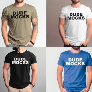 May include: Four different color t-shirts with the text "DUDE MOCKS" printed on the front. The shirts are in khaki, white, black, and blue.