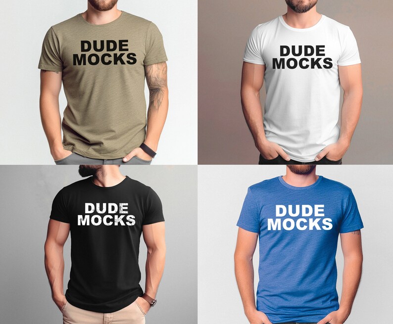 May include: Four different color t-shirts with the text "DUDE MOCKS" printed on the front. The shirts are in khaki, white, black, and blue.
