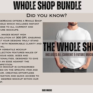 Op de afbeelding: Een witte t-shirt mockup met de tekst "THE WHOLE SHOP INCLUDES ALL CURRENT & FUTURE MOCKUPS" op een grijze achtergrond. De tekst "WHOLE SHOP BUNDLE" staat bovenaan de afbeelding. De tekst "DID YOU KNOW?" staat onder de tekst "WHOLE SHOP BUNDLE".