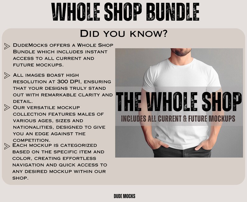 Op de afbeelding: Een witte t-shirt mockup met de tekst "THE WHOLE SHOP INCLUDES ALL CURRENT & FUTURE MOCKUPS" op een grijze achtergrond. De tekst "WHOLE SHOP BUNDLE" staat bovenaan de afbeelding. De tekst "DID YOU KNOW?" staat onder de tekst "WHOLE SHOP BUNDLE".