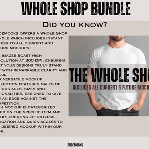 May include: A white t-shirt mockup with the text "THE WHOLE SHOP INCLUDES ALL CURRENT & FUTURE MOCKUPS" on a gray background. The text "WHOLE SHOP BUNDLE" is at the top of the image. The text "DID YOU KNOW?" is below the text "WHOLE SHOP BUNDLE".