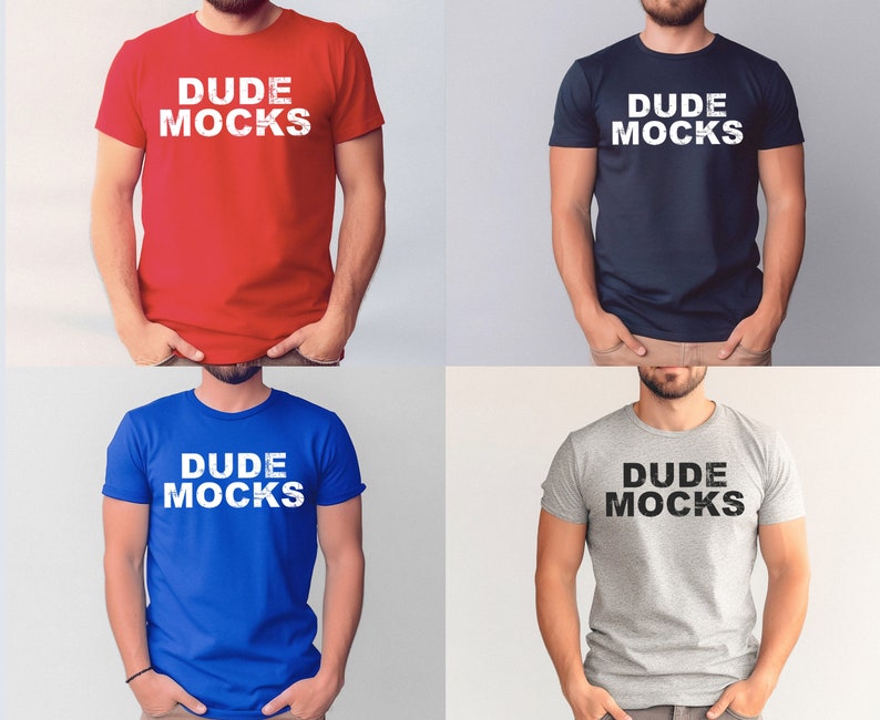 May include: Four t-shirts in different colors with the text "DUDE MOCKS" printed in white on the red, blue, and gray shirts and in black on the navy shirt.