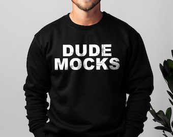 Gildan 18000 zwart mockup, Gildan herenmodel, zwart sweatshirtmodel, mannelijk modelmodel, Gildan 18000-mockup, sweatshirtmodel zwart