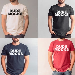 May include: Four different t-shirts with the text "DUDE MOCKS" printed on them. The shirts are in white, black, navy blue, and red.
