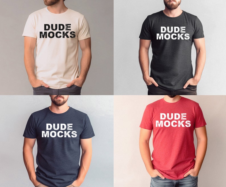May include: Four different t-shirts with the text "DUDE MOCKS" printed on them. The shirts are in white, black, navy blue, and red.