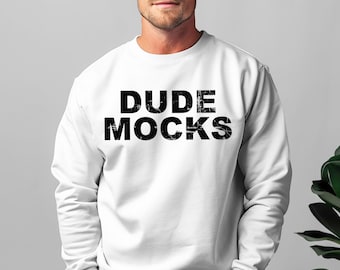 Gildan 18000 wit mockup, Gildan heren mockup, witte sweater mockup, mannelijk model, Gildan 18000 mockup, sweater mockup wit