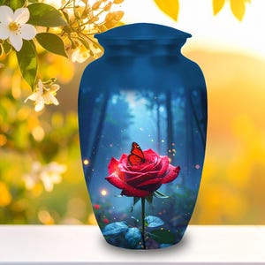 Red Rose & Butterfly Cremation Urn: Aluminum Adult Memorial Urn