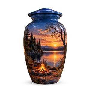 May include: A cylindrical cremation urn with a glossy finish featuring a printed landscape scene of a sunset over a lake. The image displays a campfire, a wooden chair, pine trees, and mountains under a vibrant orange and yellow sky.