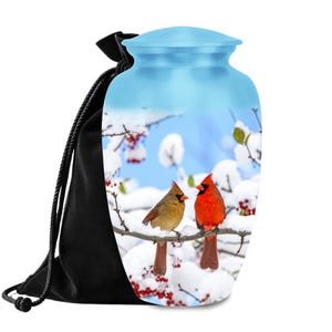 Cardinal Urn | Winter Bird Memorial Urn | Keepsake Cremation Urn for Ashes | Snowy Cardinals Design | Nature Urn for Human Ashes Adult Male