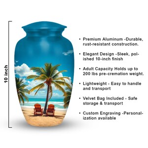 Decorative cremation urn with beach chairs and palm trees, serene ocean design for loved one’s ashes