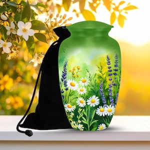 Personalized Floral Cremation Urn: Handcrafted Green Wildflower Memorial